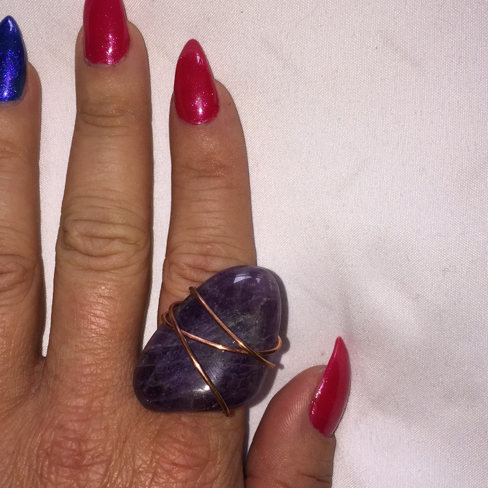 Solid Amethyst stone ring w adjustable copper wire